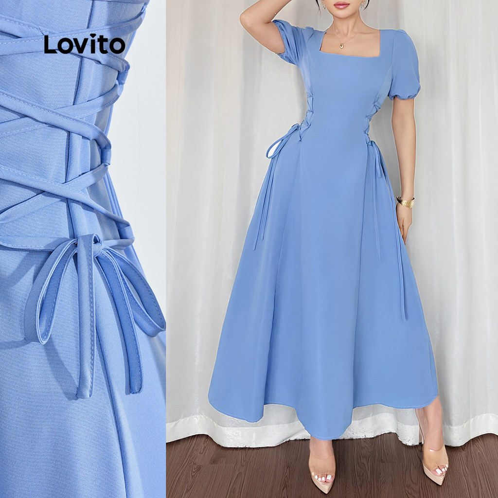 Lovito Vestido Elegante Liso Com Cadarço Primavera/Verão Azul Para Mulheres LBL25449 em Oferta na Shopee