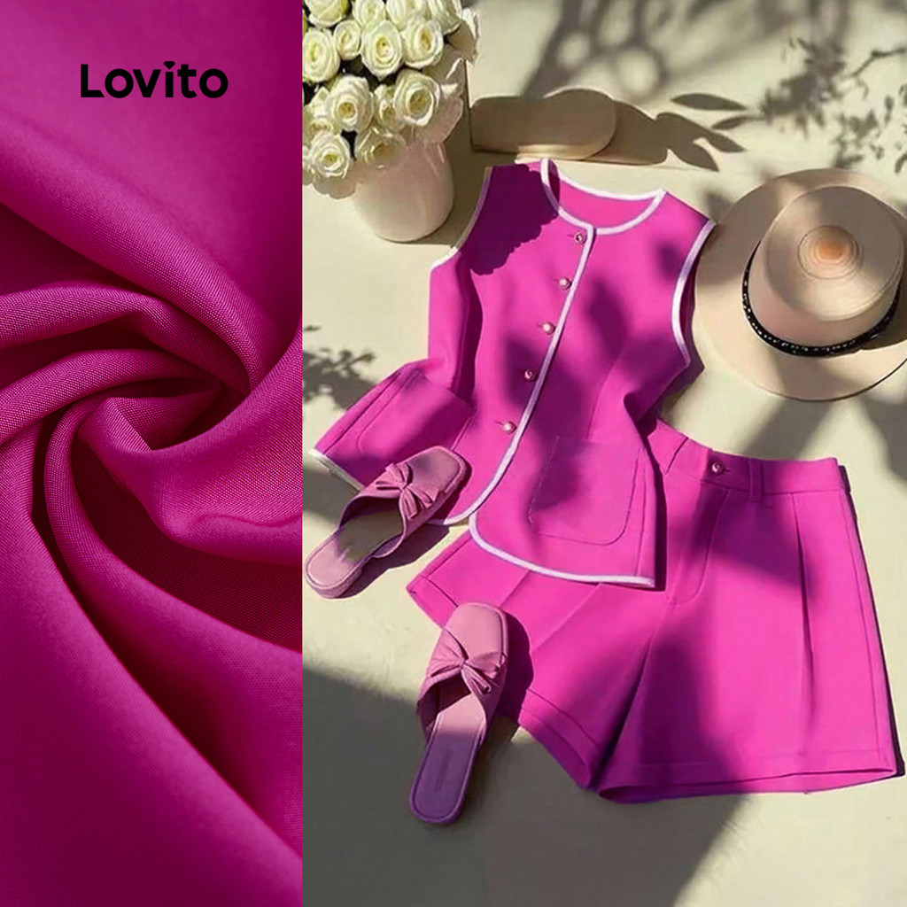 (New) Lovito Conjuntos Elegantes de Shorts com Acabamento em Contraste Bolso Primavera/verão Vermelho rosa L143ED537