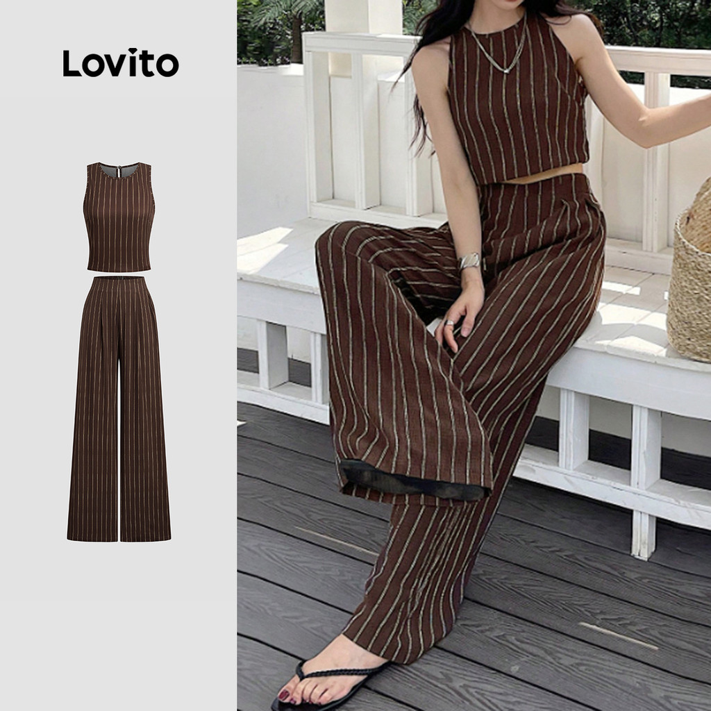 (New) Lovito Conjuntos de Calças Casuais Geométricas Primavera/verão Calças Marrons para mulheres L142ED074 em Oferta na Shopee