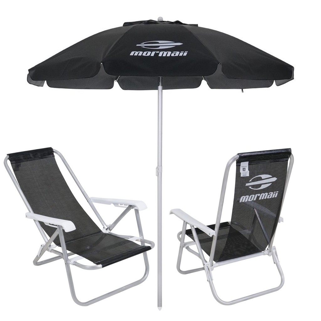 Kit 2 Cadeiras Reclinável Alumínio + Guarda Sol Bagum 2m Preto Mormaii - Belfix