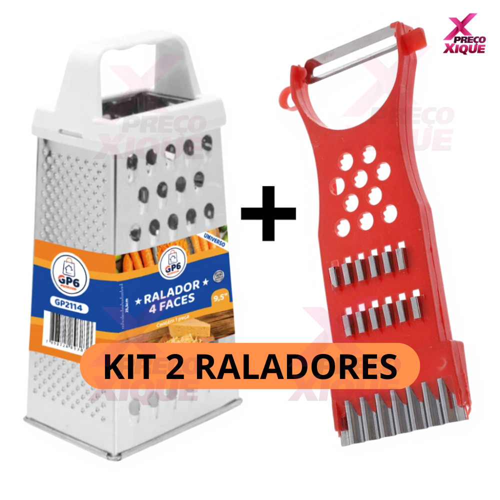 Kit 2 Ralador Inox de Alimentos Universo 4 Faces + descascador fatiador ralador 5 em 1 Multiuso