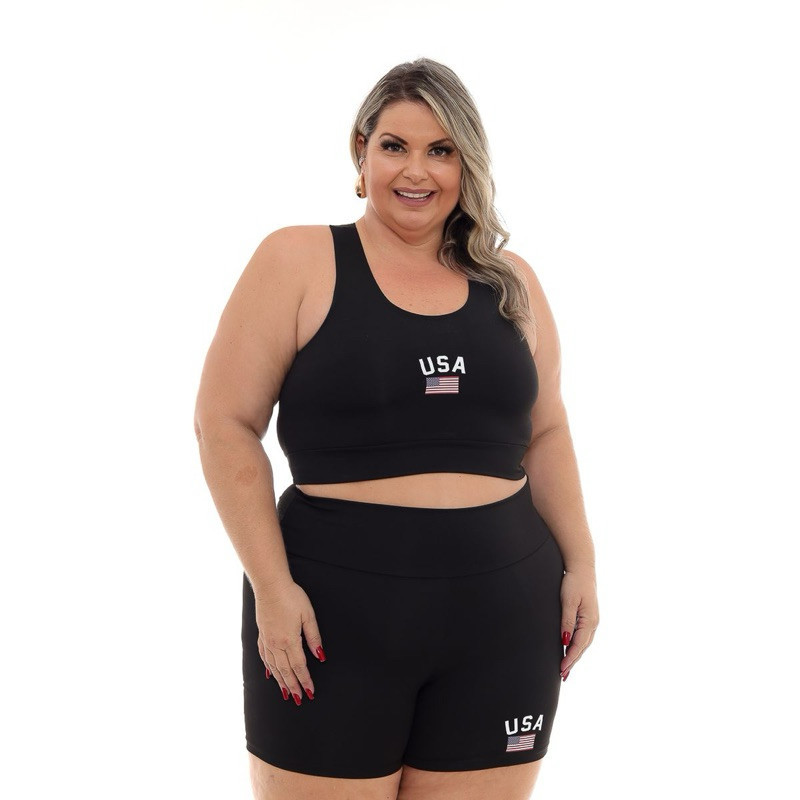 Conjunto Top e shorts Plus size Academia Estado Unidos em Oferta na Shopee