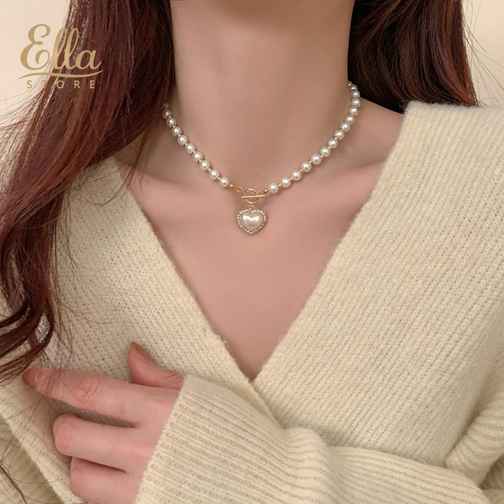 Lady Prom Necklace Heart Embellished Sparkling Pendant for Women Elegant Faux Pearl Rhinestone Jewelry for Bride Wedding Party Lady's Neck