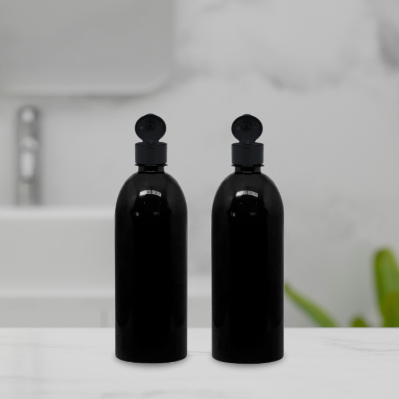 KIT 2 Frascos Caçula Preto 500ml Para Shampoo e Condicionador C/ Flip Top