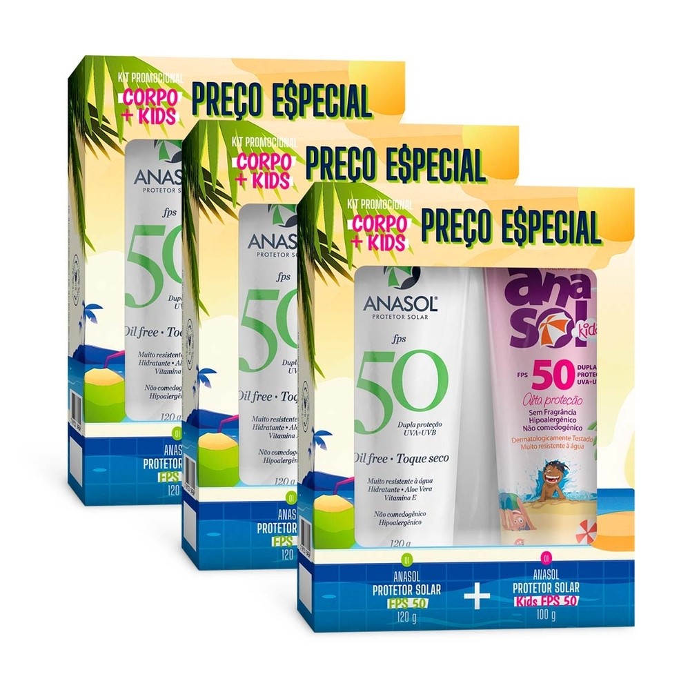 Kit 3 und Kit Anasol FPS 50 Corpo 120g + FPS 50 Kids 100g em Oferta na Shopee