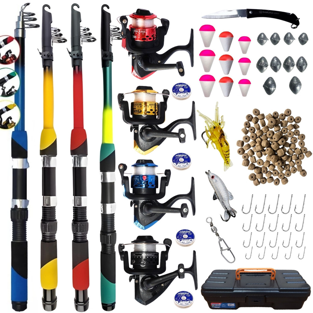 Kit Pesca Completo 4 Varas Telescópica + 4 Molinetes + Iscas em Oferta na Shopee