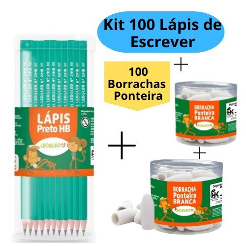 Kit 100 lápis de Escrever Nº2 Preto + 100 Borracha Escolar Ponteira Branca Escola Escolar Estudo LEO&LEO