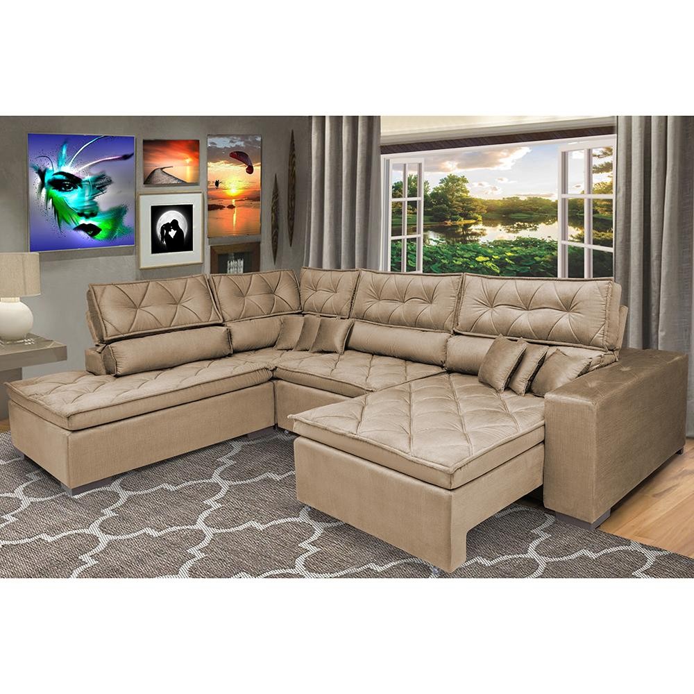 Sofa de Canto Retrátil e Reclinável com Molas Cama inBox Platinum Esquerdo 3,40x2,36 Suede Castor - Home & Living