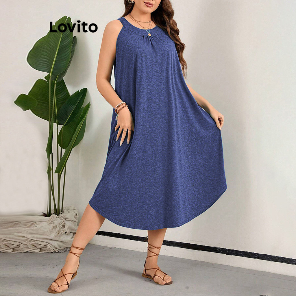 Lovito Vestido plus size curvo casual simples com gola halter para mulheres LNL60204