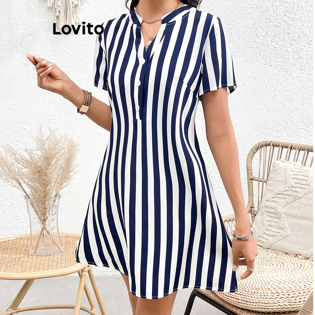 Lovito Vestido Elegante Listrado Com Botão Frontal Plissado Para Mulheres LBL16781 - Women Clothes