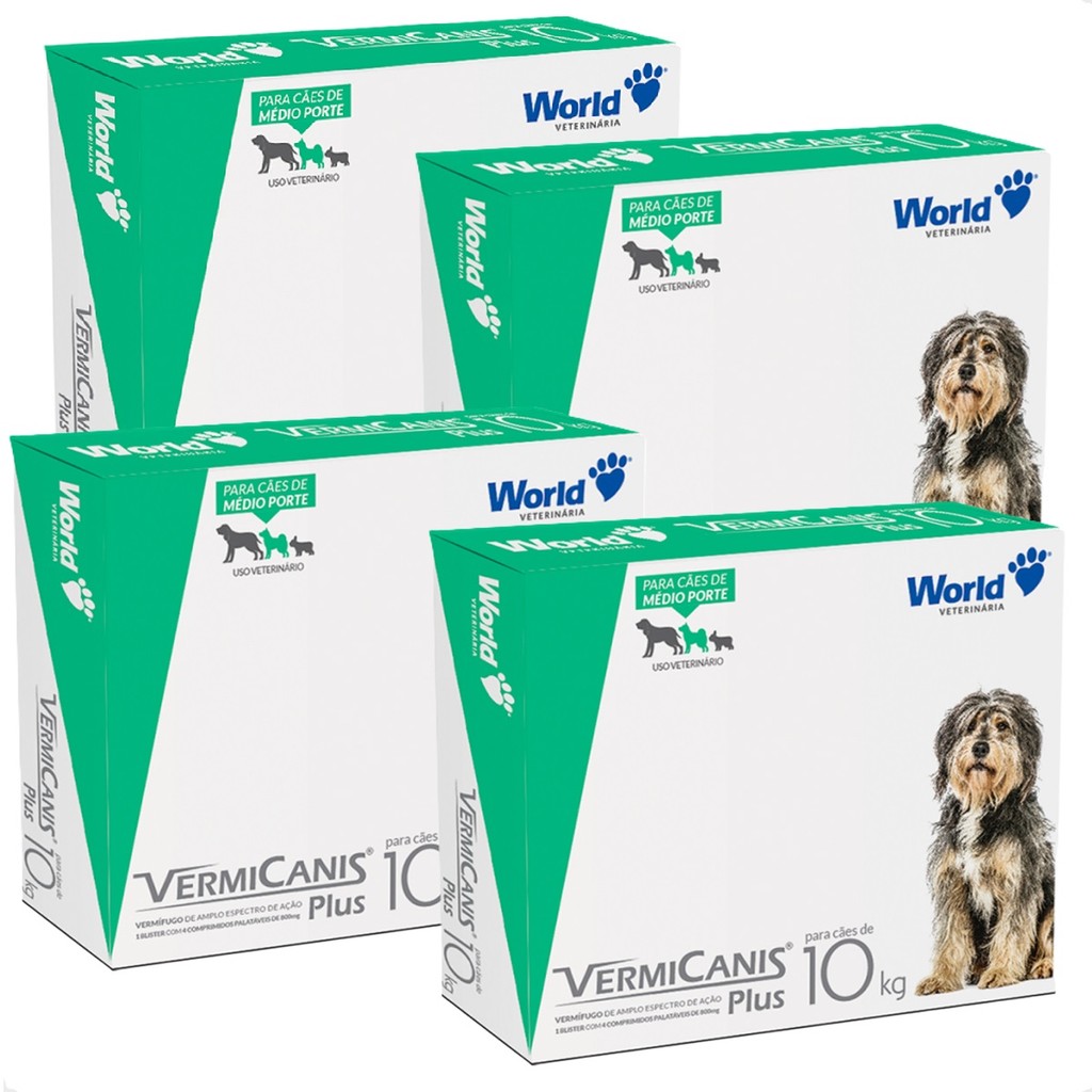 Kit  4 Vermicanis Plus Vermífugo World para Cães de 10Kg - 4 Comprimidos - Pets