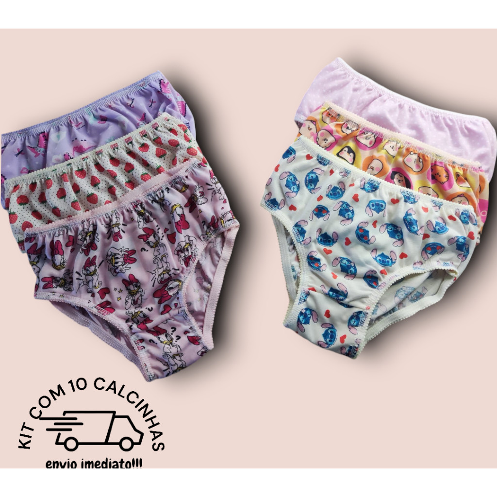 Kit 10 Calcinhas Menina Infantil de elástico Em Algodão Super Confortável Cores Sortidas Estampadas
