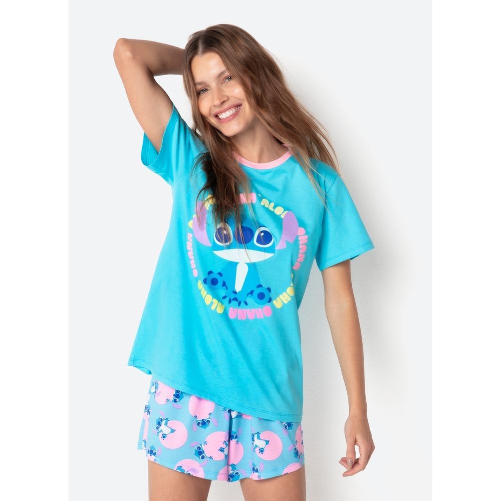 Pijama Adulto Feminino Camiseta Manga Curta Algodão e Shorts Conjunto 2 Peças Stitch Puket em Oferta na Shopee