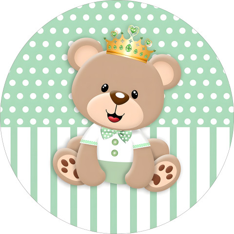 NOVO Painel Festa Infantil Redondo URSINHO REALEZA VERDE, FUNDO GEOMÉTRICO + Arco, Suporte incluso. Fazemos personalizado com qualquer tema. Confeccionado em Lona fosca, impressão de alta resolução. cenário , p/ Decoração