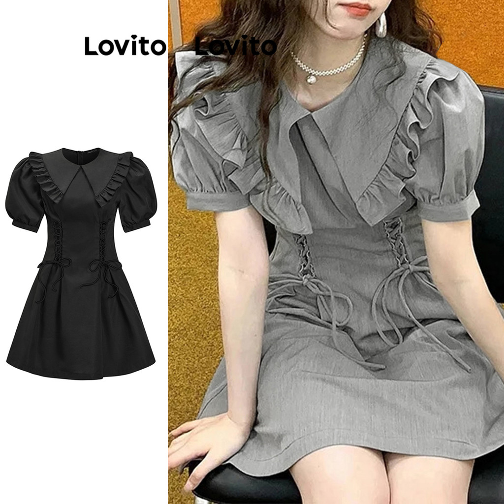 Lovito Vestido Casual Com Gravata Lisa Na Frente Para Mulheres LNA13098 (Multicolorido) - Women Clothes