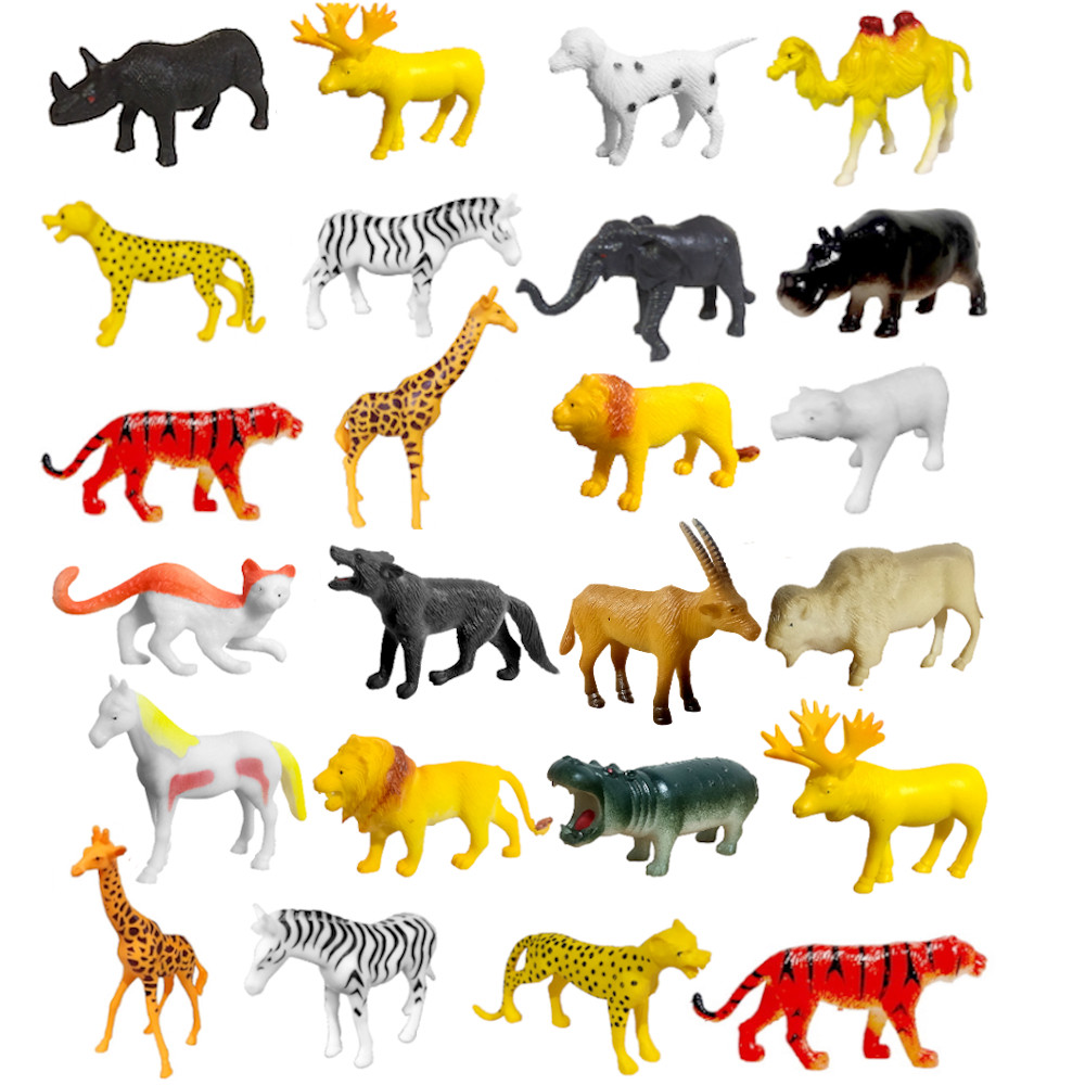 Kit Animais 24 bonecos da Selva Plástico Maciço Girafa Elefante Zebra Cachorro Gato Urso Polar Leão Onça Elefante