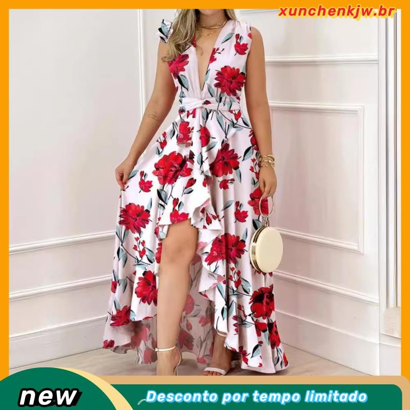 Vestido longo feminino sem mangas V pescoço floral impressão boho estampa alta fenda para festa casual em Oferta na Shopee