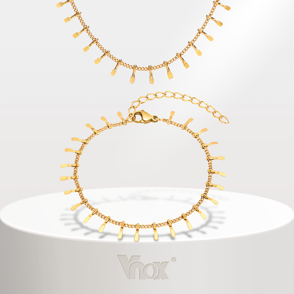 Conjunto De Pulseira De Colar De Borla Vnox Para Mulheres , Corrente De Ligação De Aço Inoxidável Em Ouro 18K , Joias Sem Manchas