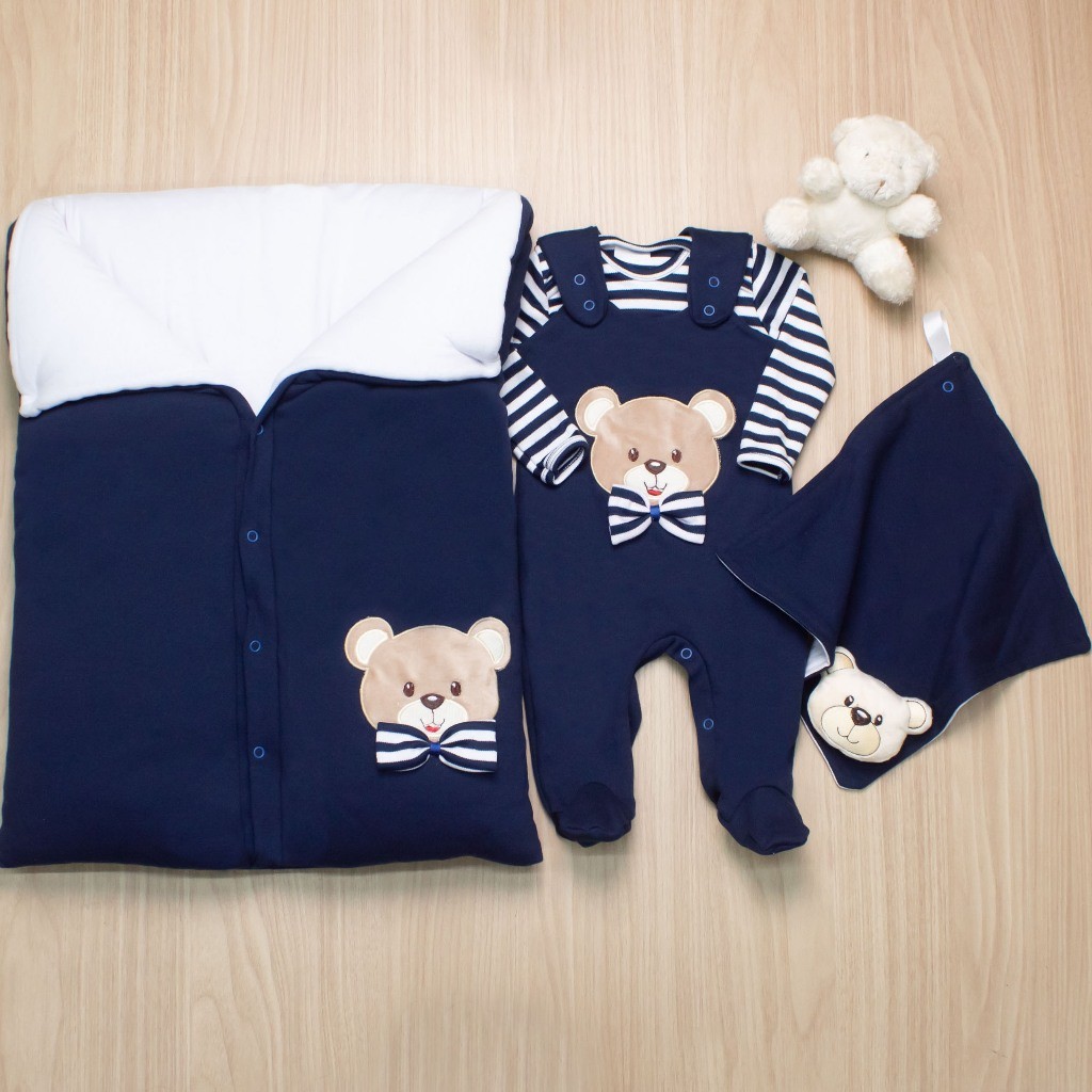 Saída Maternidade Menino Com Porta Urso Theodoro Marinho 4 Peças Confortavel