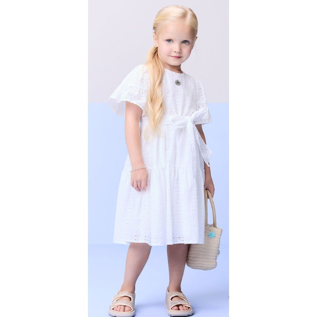 Vestido Tecido Laise com Faixa Branco - Momi