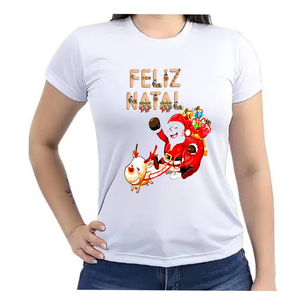 Camiseta Baby Look Festa Feliz Natal Papai Noel Trenó lançamento
