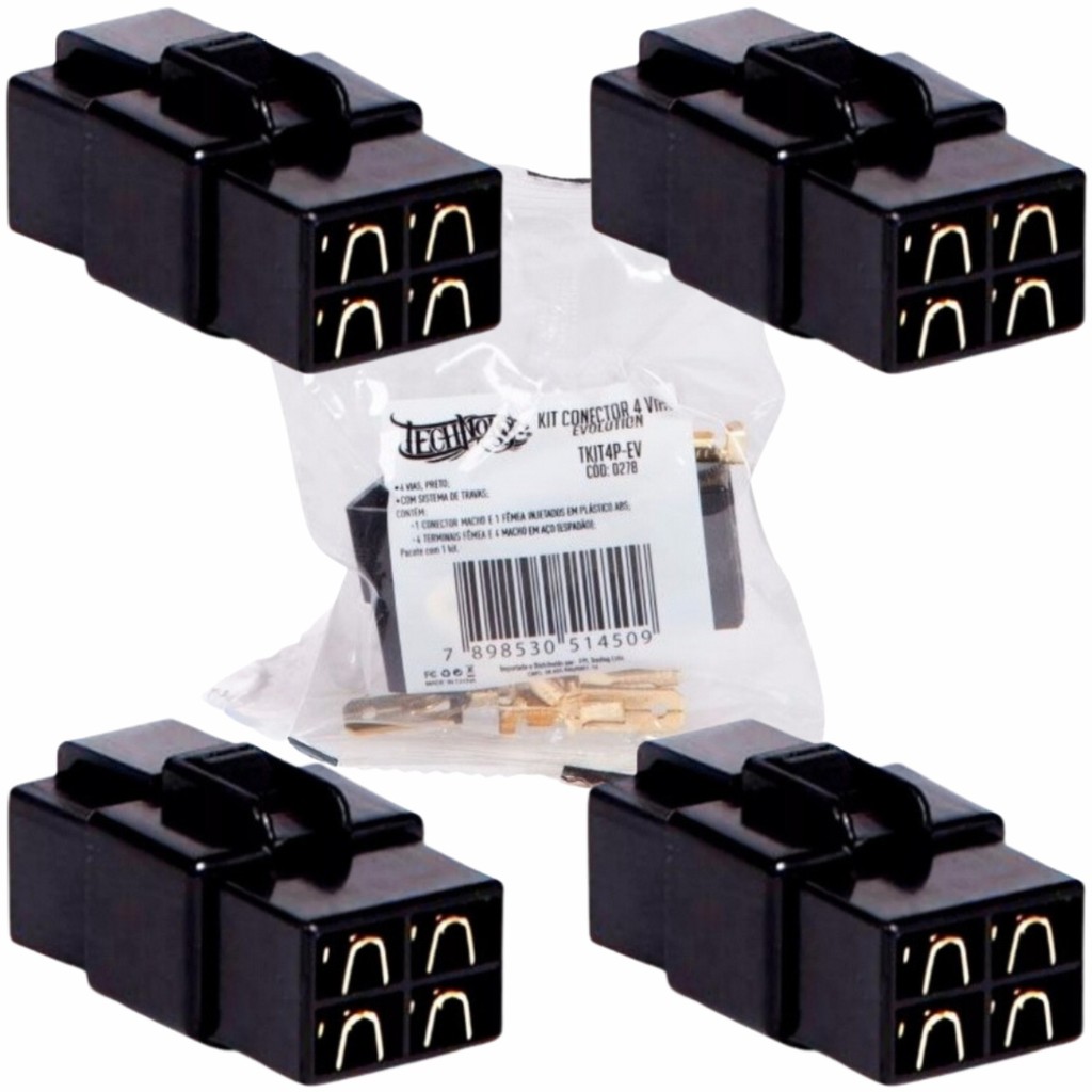 Kit 04 Conector 4 Vias Technoise Com Trava Macho E Fêmea Som