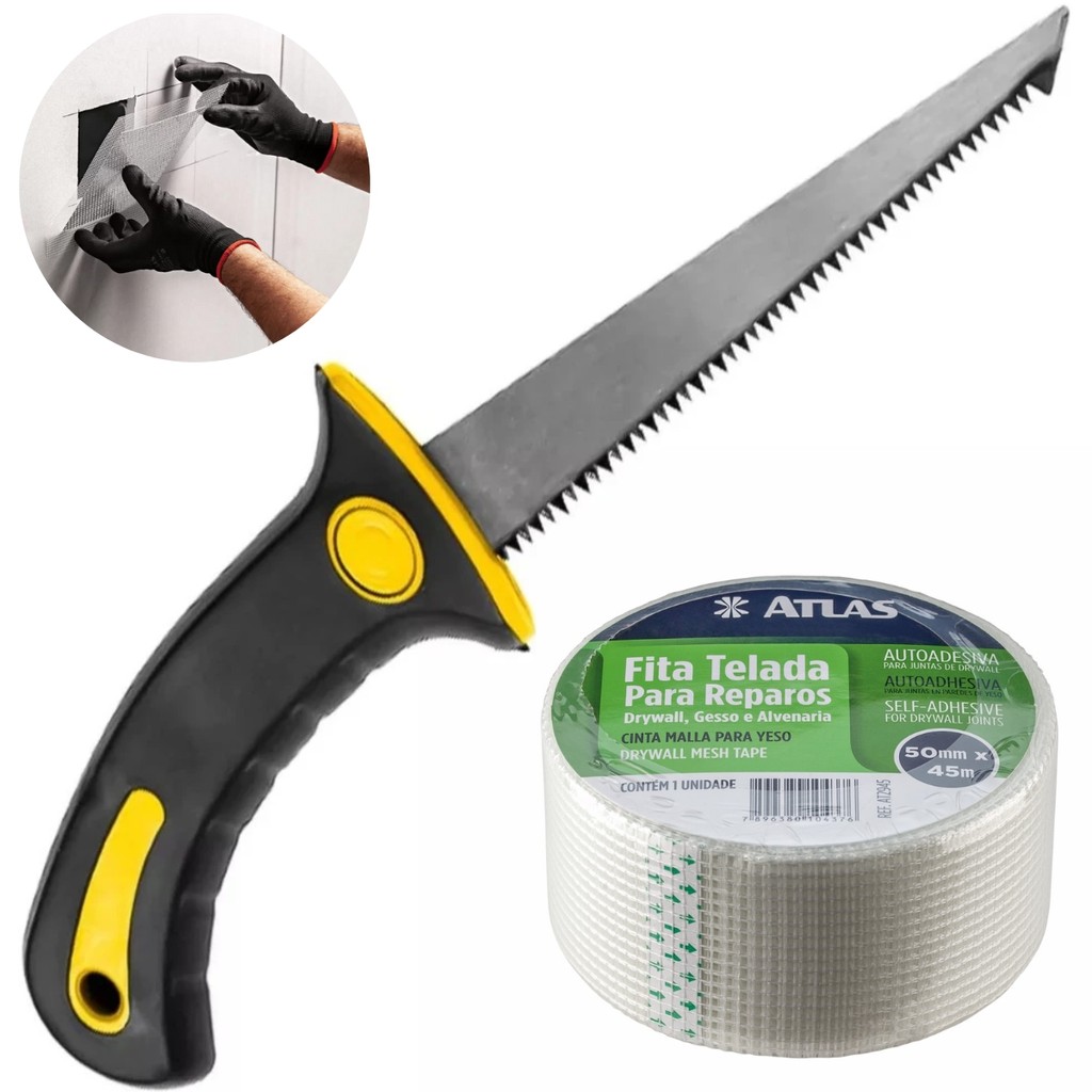 Kit Serrote para Gesso Drywall Cabo Plástico 6" Polegadas com Fita Telada Auto Adesiva 50mm x 45m Ferramentas Gesso