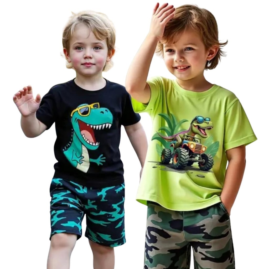 Kit 4 Peças 2 Conjuntos Infantil/Juvenil Verão Menino tamanho 01 ao 14 Camiseta + Bermuda Estampada