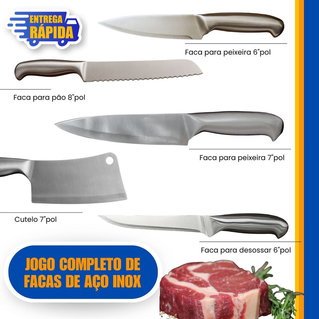 Faqueiro 5 Peças Faca Peixeira de 6'' e 7" Faca de pão 8", Cutelo 6" Inox, faca desossar 6"polegada