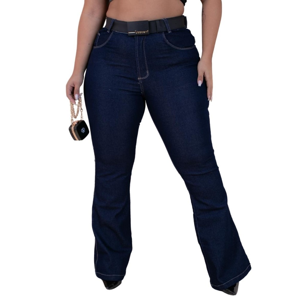 Calça Jeans Flare Plus Size Cintura Alta Com Cinto Preto