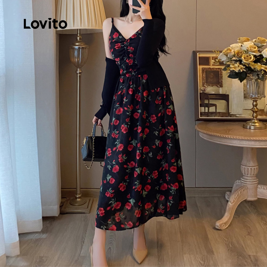Detalhes do Lovito Vestido Elegante Para Diário Flores Vestido Requintado Macio Confortável Primavera/verão Para Mulheres L138ED265