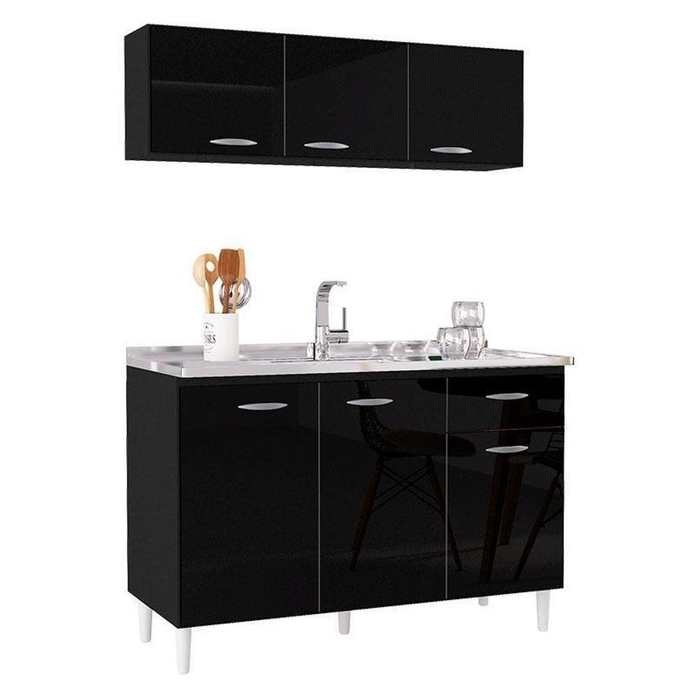 Balcão De Pia E Armário Aéreo 120 Cm Preto – Poquema em Oferta na Shopee