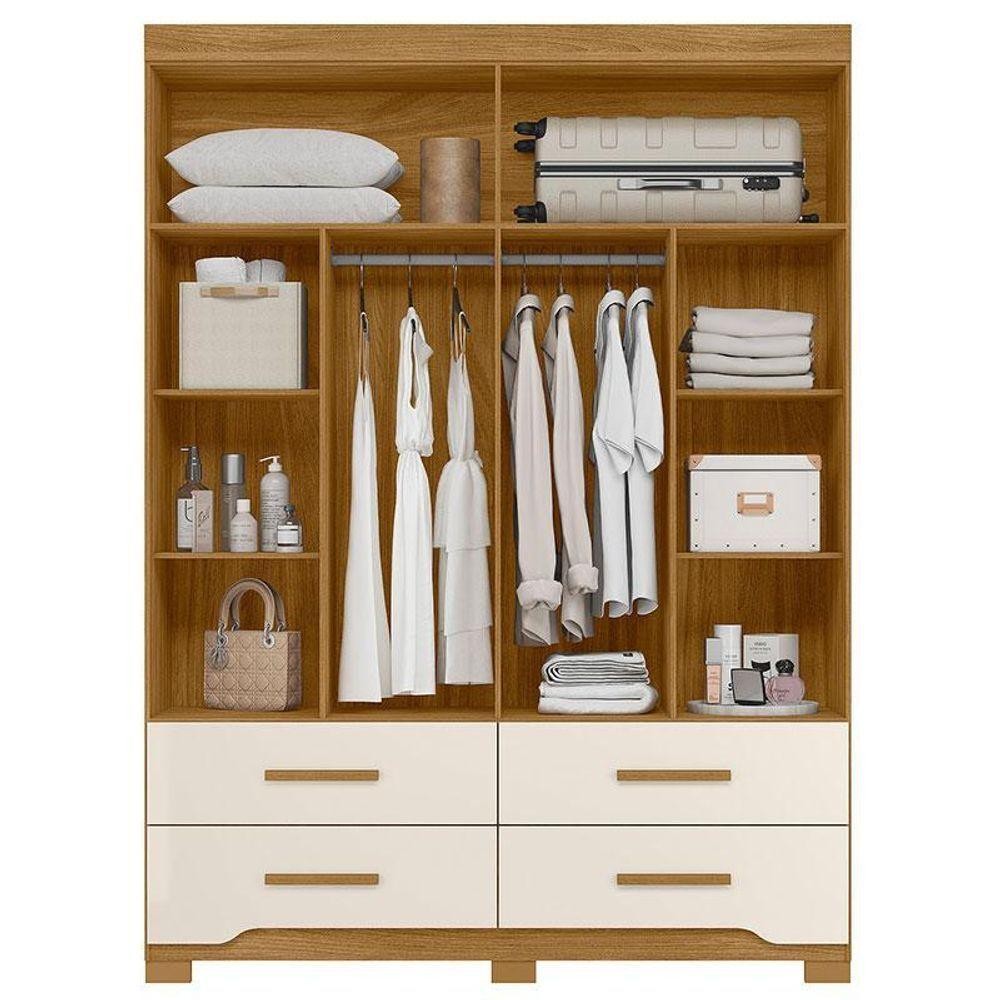 Guarda Roupa Solteiro Ambiente Miami 4 Portas Freijó Off White Com Espelho - Moval