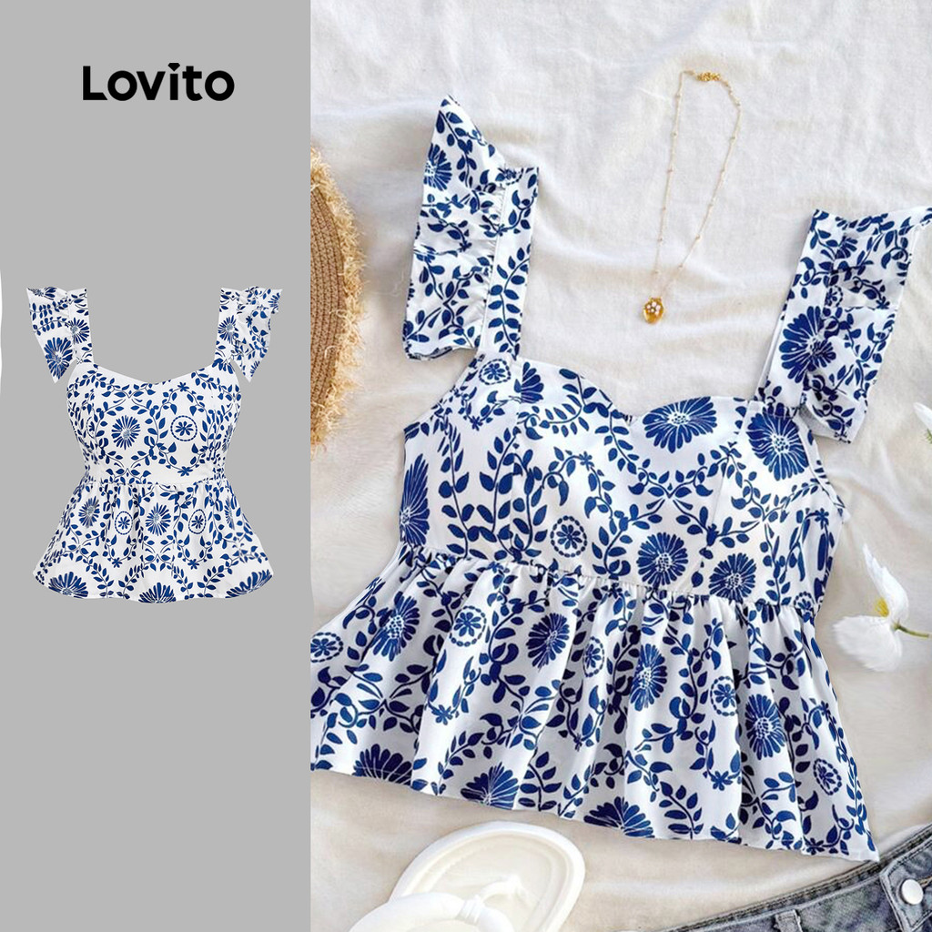 Lovito Regata Feminina Casual Com Estampa Tribal E Babados Primavera/Verão Azul L134ED975 em Oferta na Shopee