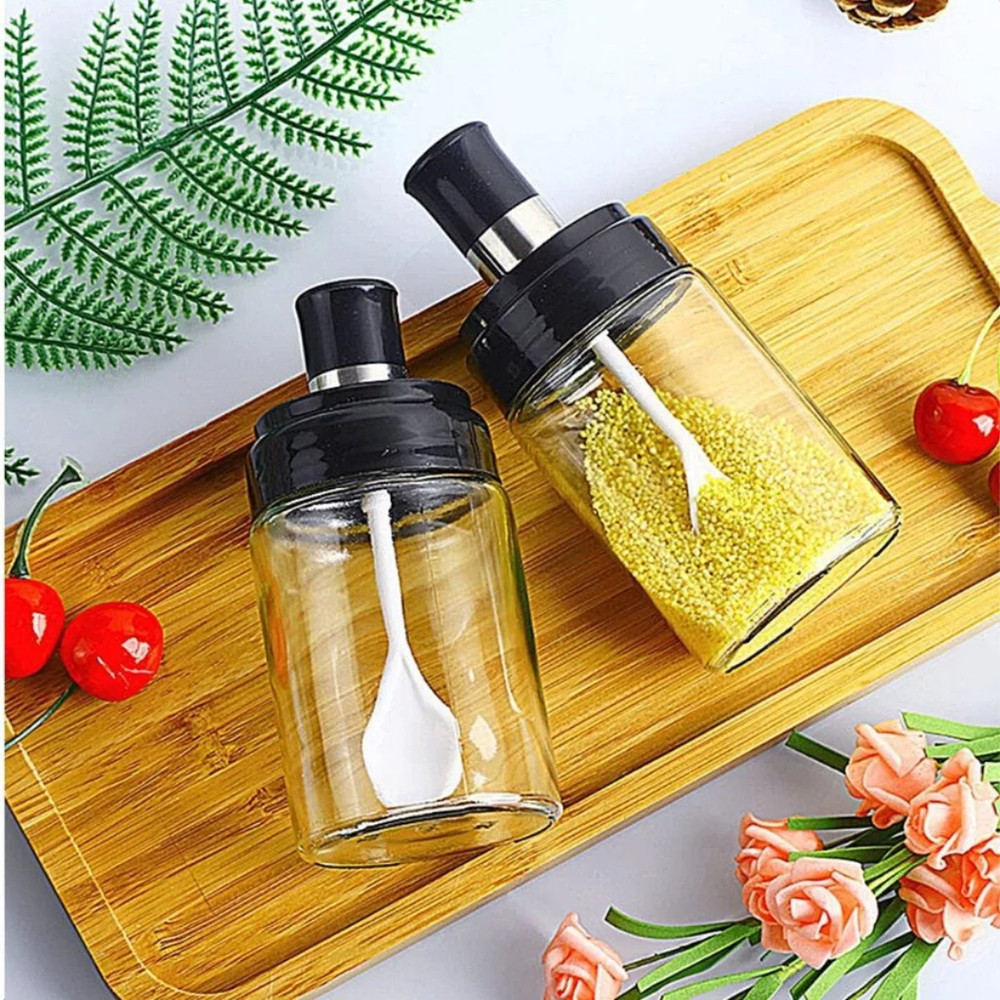 Kit 2 Porta Tempero Com Colher Condimento Sal Pimenta Açúcar Cozinha Pote De Vidro Transparente Tampa Organizador em Oferta na Shopee