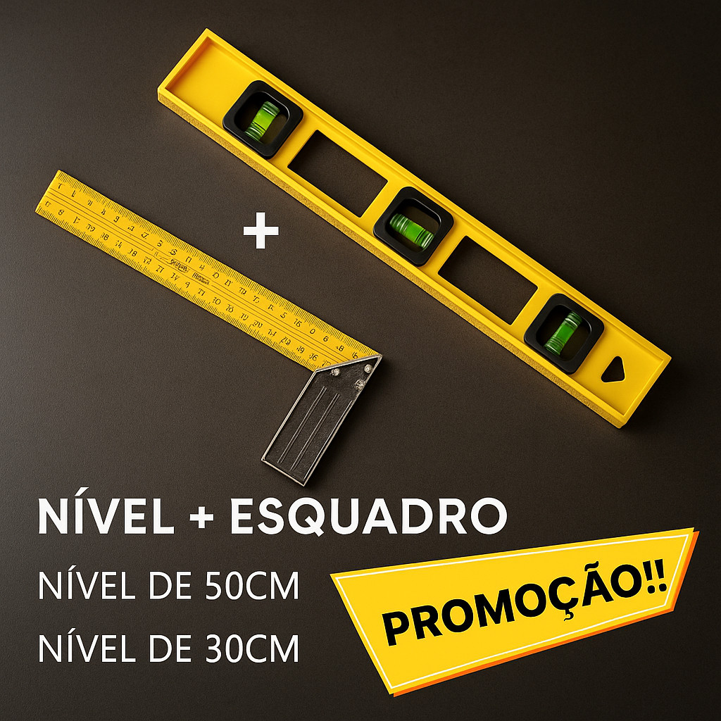 Esquadro Régua Carpinteiro Pedreiro Metálico Aço De 30cm Kit Nível Polímetro Pedreiro