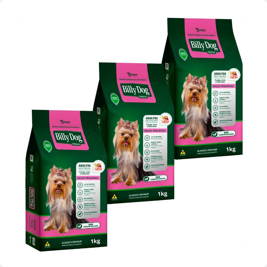 Kit 3 Ração Billy Dog Cães Adultos Raças Pequenas - 1Kg em Oferta na Shopee
