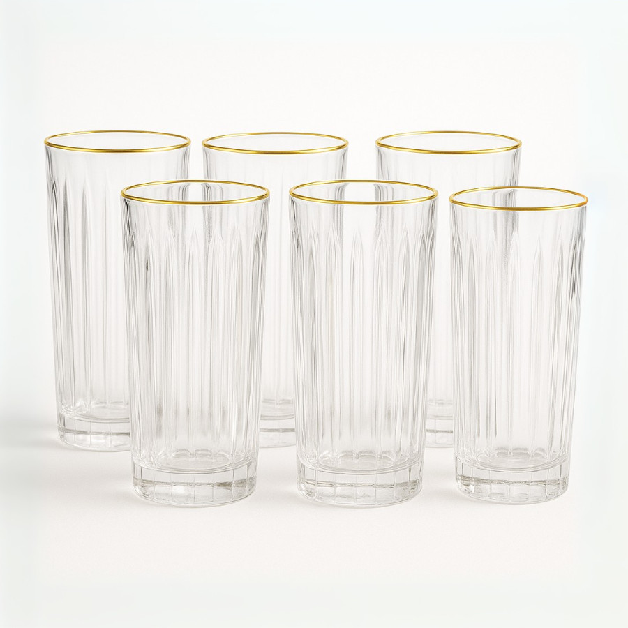 Jogo 6 Copos Altos Com Borda Dourada Em Vidro 370ml Bebidas