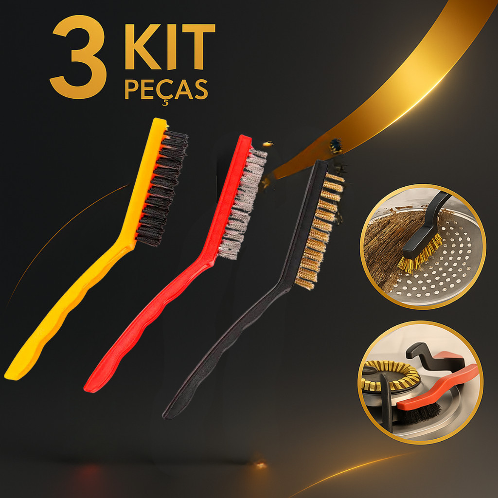 Escovas de Aço Multiuso Kit 3 Pcs Aço Latão Nylon Cabo Plástico