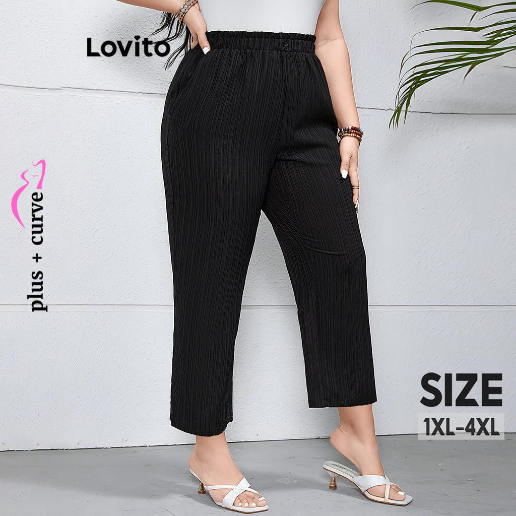 Lovito Calça Básica Lisa Casual Curva Plus Size Para Mulheres LNM91045 - Women Clothes