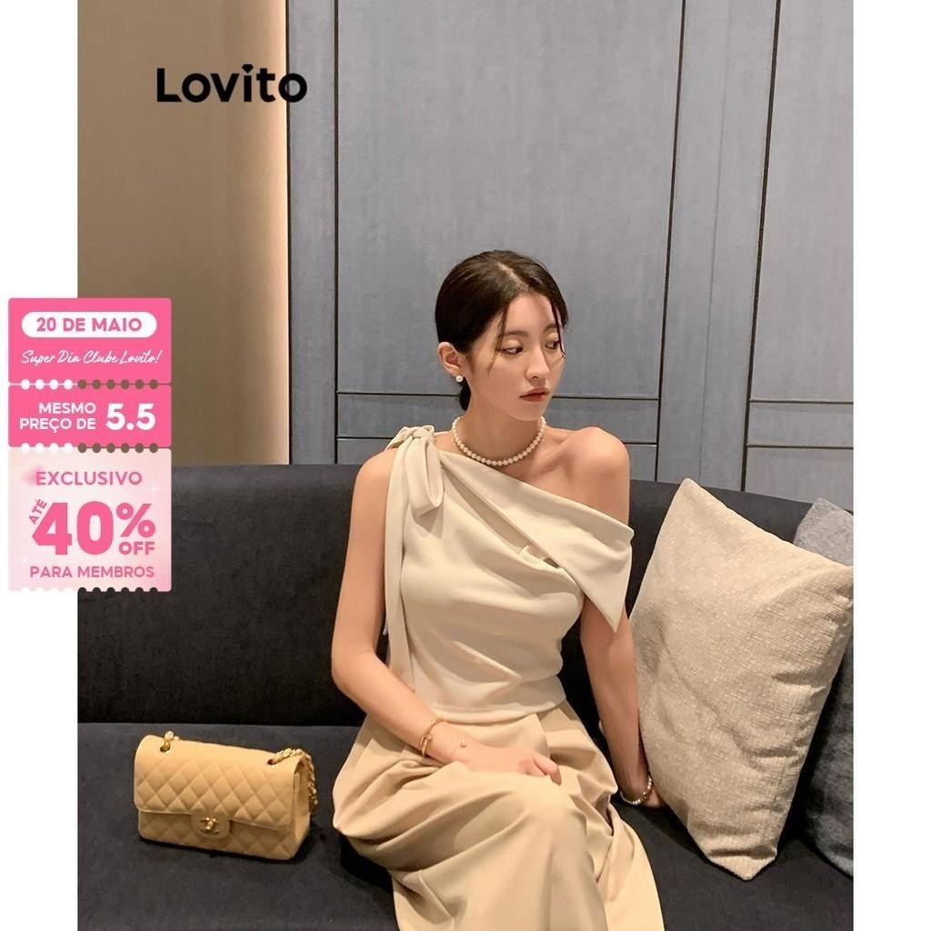 (Trendy) Lovito Regata Casual Lisa Ombro Frio Regata Assimétrica Para Mulheres LNM64131 em Oferta na Shopee