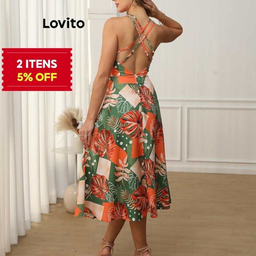 (Trendy) Lovito Vestido Boho plantas flores estrutura linha para mulheres LBL19200 em Oferta na Shopee