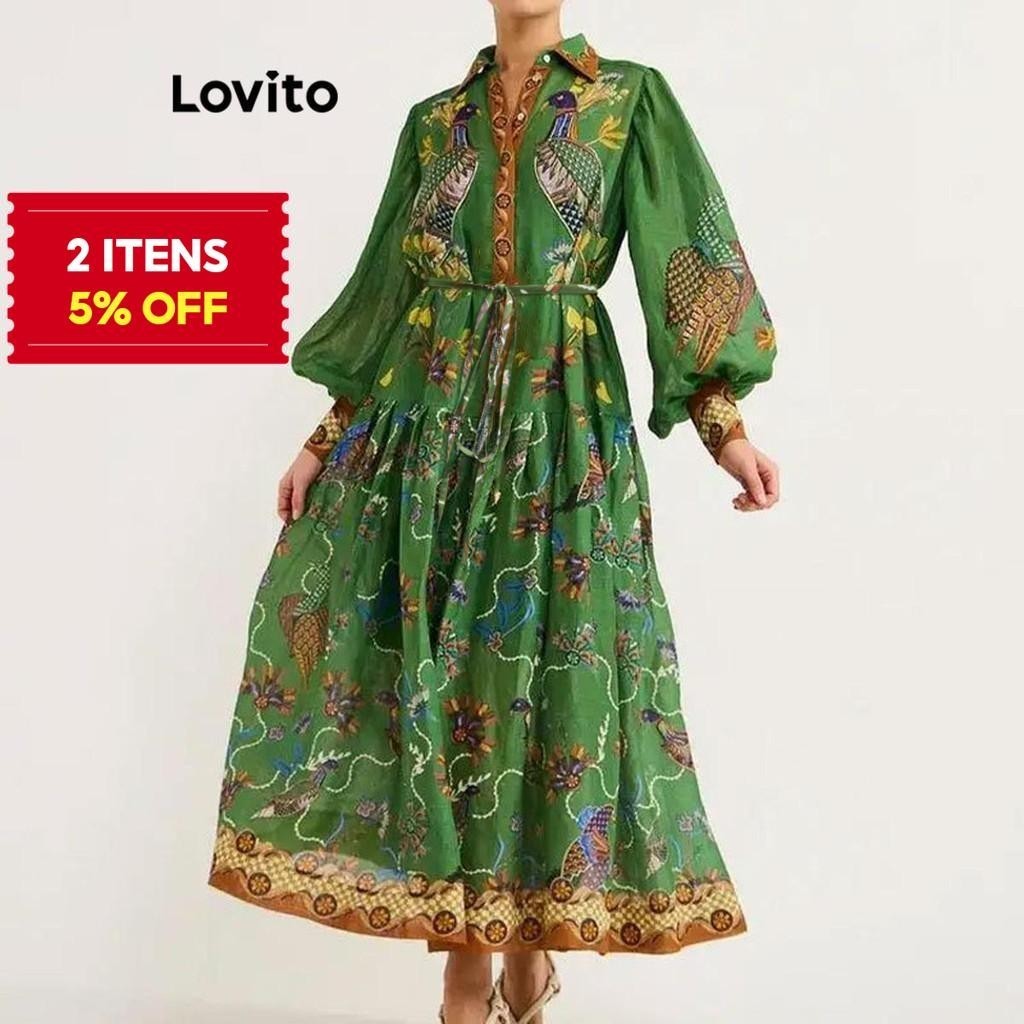 (Trendy) Lovito Vestido casual com estampa de plantas para mulheres LNL69231 - Women Clothes