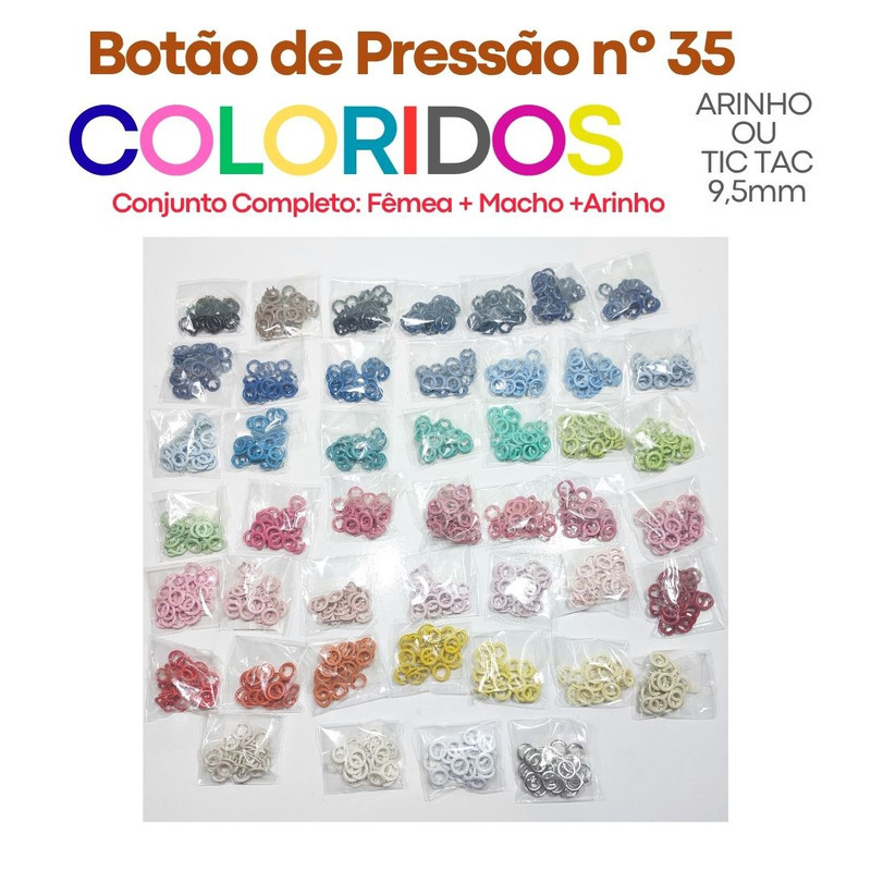 Botões de Pressão 35 Tic-Tac 9,5 mm Colorido Latão Arinho Niquelado 9,5mm Garra Longa  roupa infantil Botão BP35