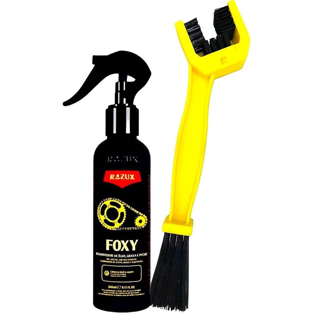 Desengraxante Removedor De Óleo Graxa Piche Limpa Corrente Foxy Razux 240ml + Escova limpa Corrente Detailer