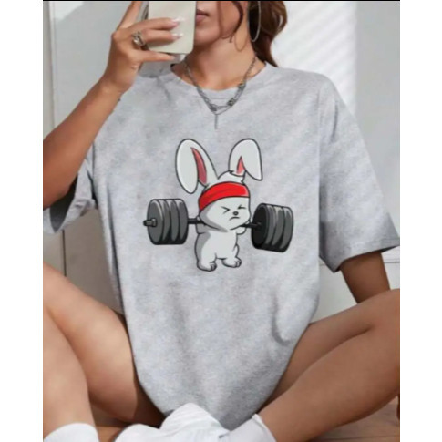 Camisa Camiseta Feminina Oversized Treino Academia Estampa Coelho