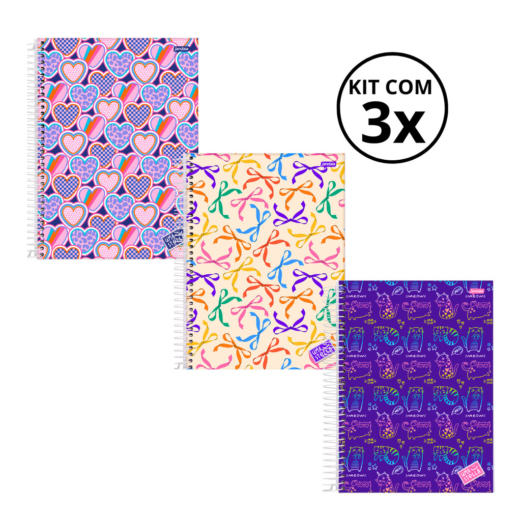 Kit 03 Cadernos Universitário 20 Matérias 320 Folhas Stella - Jandaia CAPA:Coração/Laço/Gato