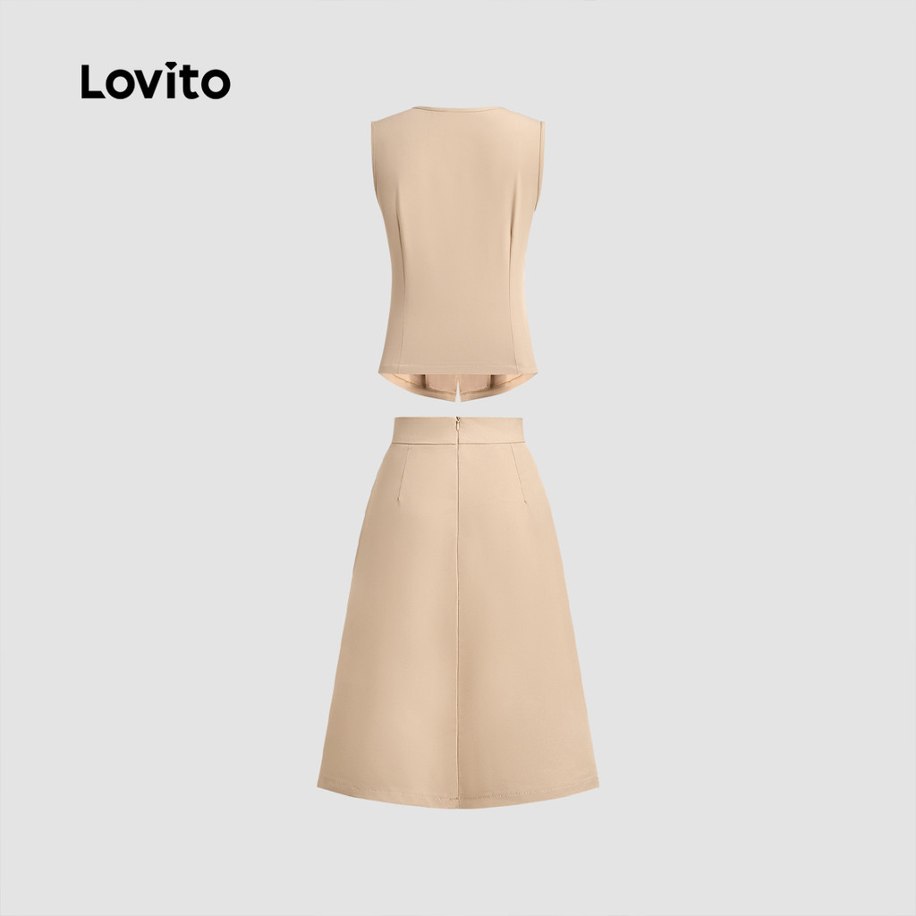 Detalhes do Lovito Conjuntos de Saia Elegantes com Rendas para Primavera/verão Blusa Caqui e Conjuntos de Saia LBL26015