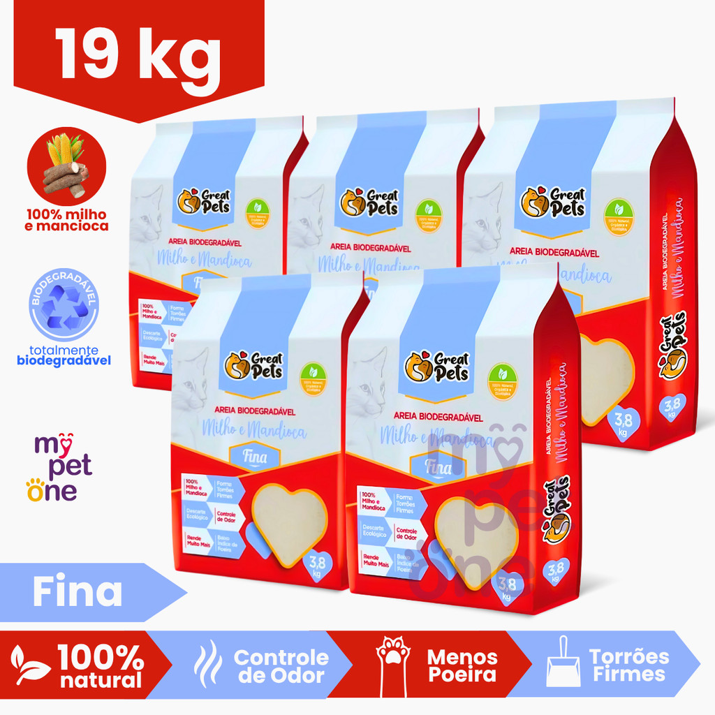 Kit 5 Areia Biodegradável Fina Great Pets para Gatos - 3,8 Kg