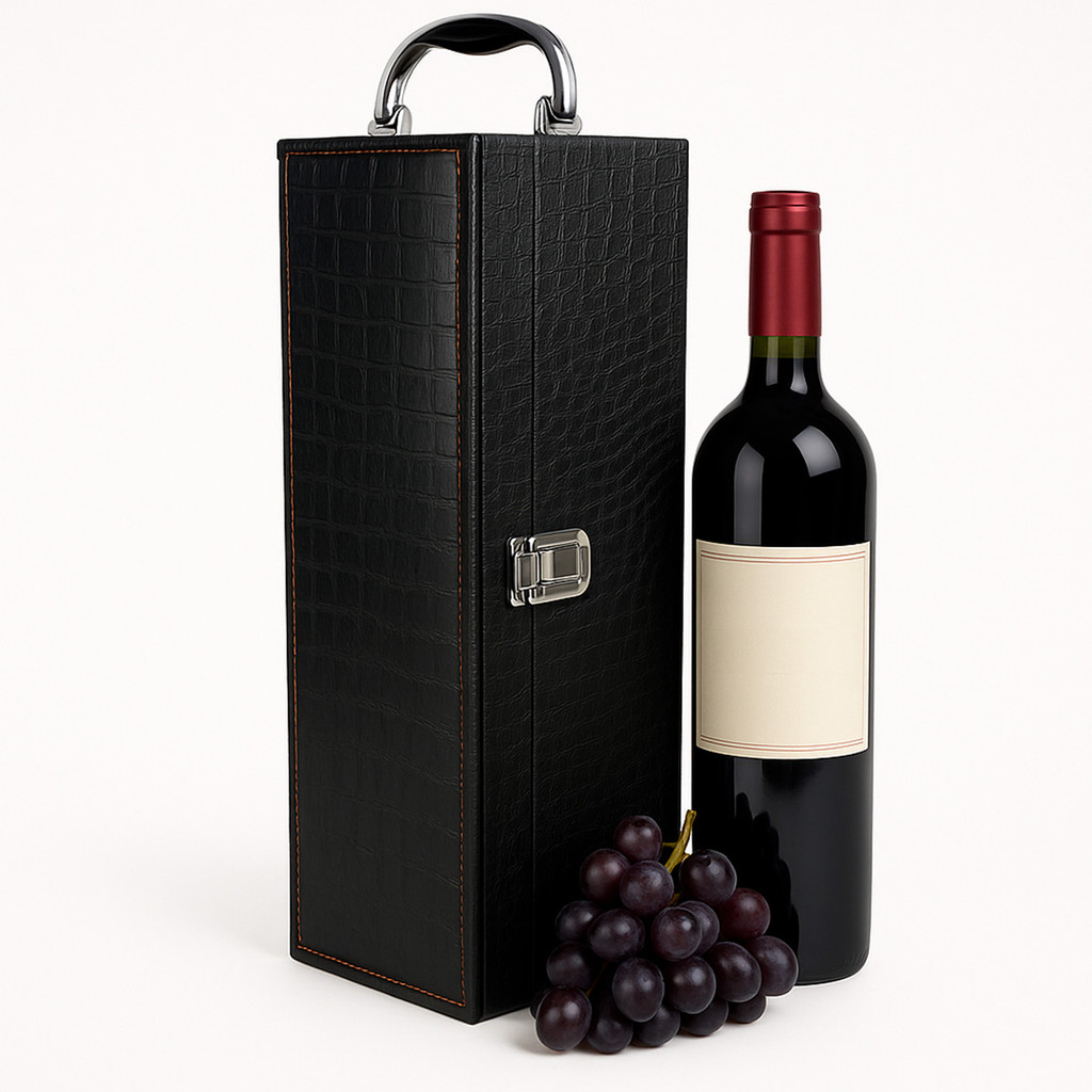 Maleta Porta Vinho Transporte Case Caixa Para Uma Garrafa Crocodilo Cor Preto